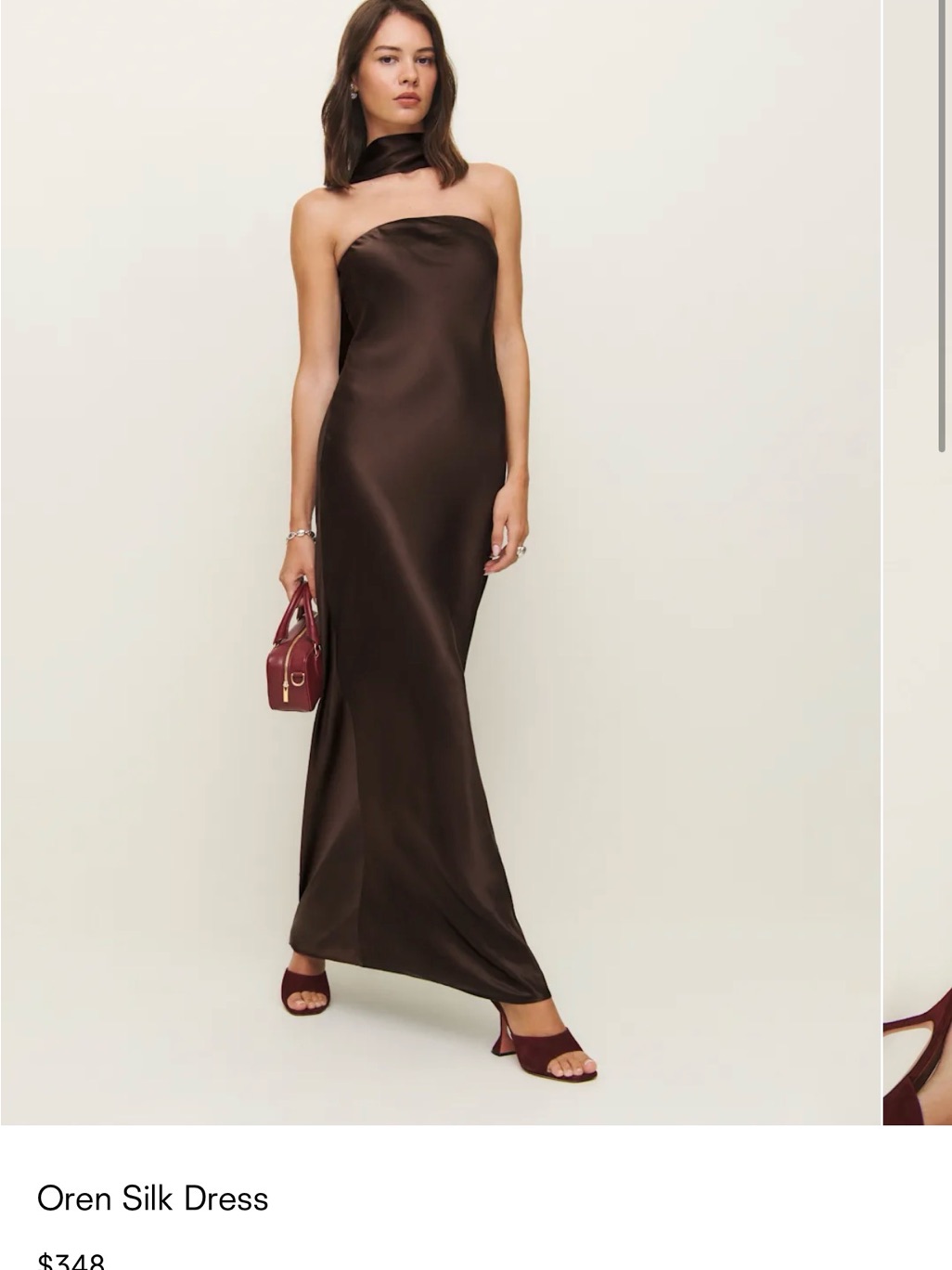 Reformation Oren Silk Dress Strapless Brown Silk Maxi Dress With Neck Scarf